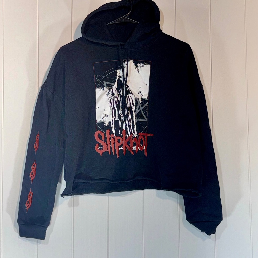 Slipknot Cropped Hoodie Black Graphic Band Sweatshirt Women Small Raw Hem